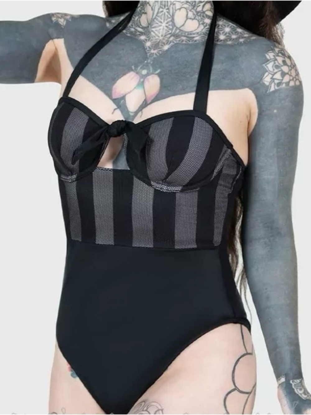 Black Striped Halter One-Piece Swimsuit